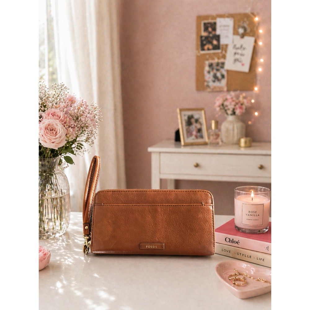 Fossil Tiegan Womens Clutch Wallet Brown Leather Zip Around Credit Card Slots